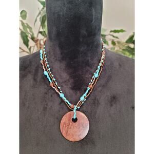 Women Fashion Brown Faux Jade Circle Turquoise Beads Pendant Lobster Clasp
